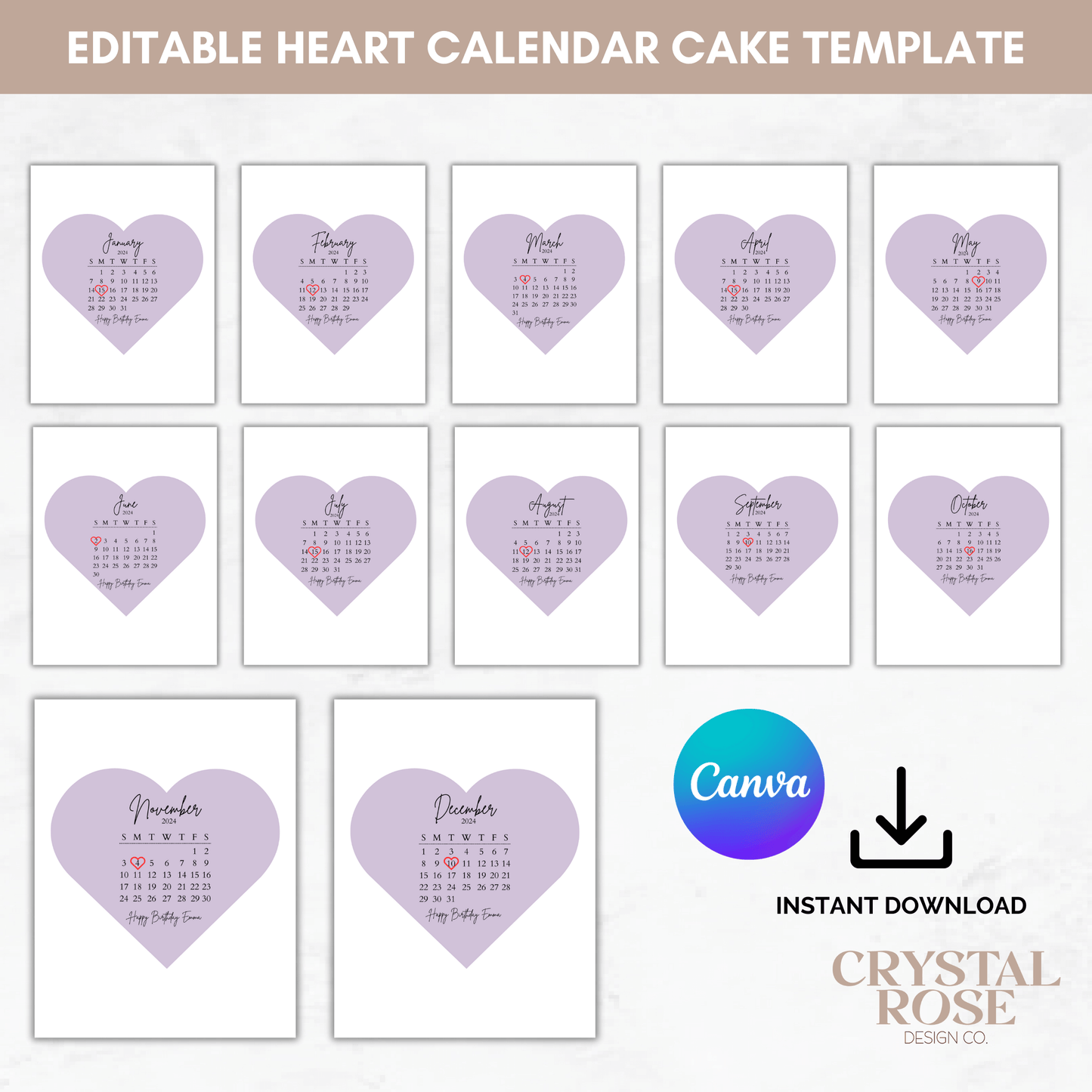 Editable Calendar Heart Shape Cut-out Template, Burnaway Cake Topper, Burnaway Cake Template, Heart Shaped Cake Topper Template