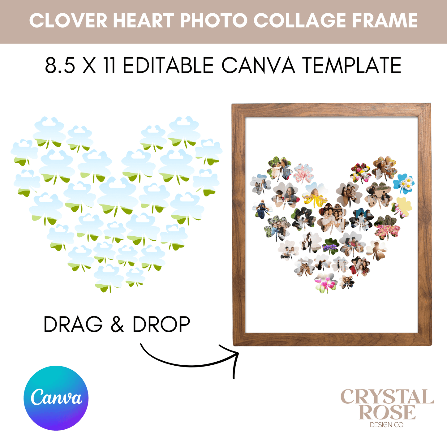 Clover Heart Photo Collage, Collage Template, Photo Collage Canva, Canva Heart Collage, Heart Shape Photo, Custom Photo Collage