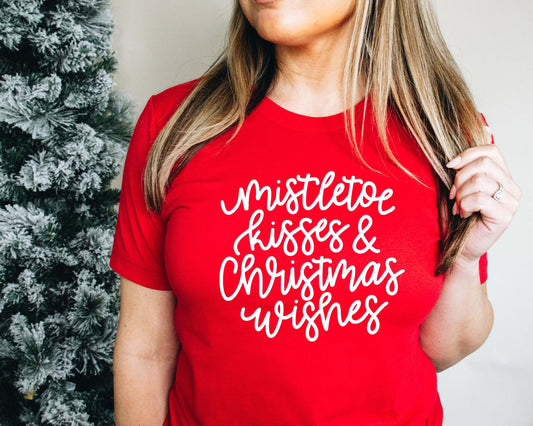 Mistletoe Kisses and Christmas Wishes Christmas Shirt Short Sleeve Tee