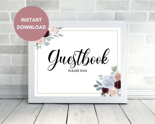 Printable Dusty Blue and Burgundy Floral Wedding Guestbook Sign, Instant Download, Printable Wedding Guestbook Sign
