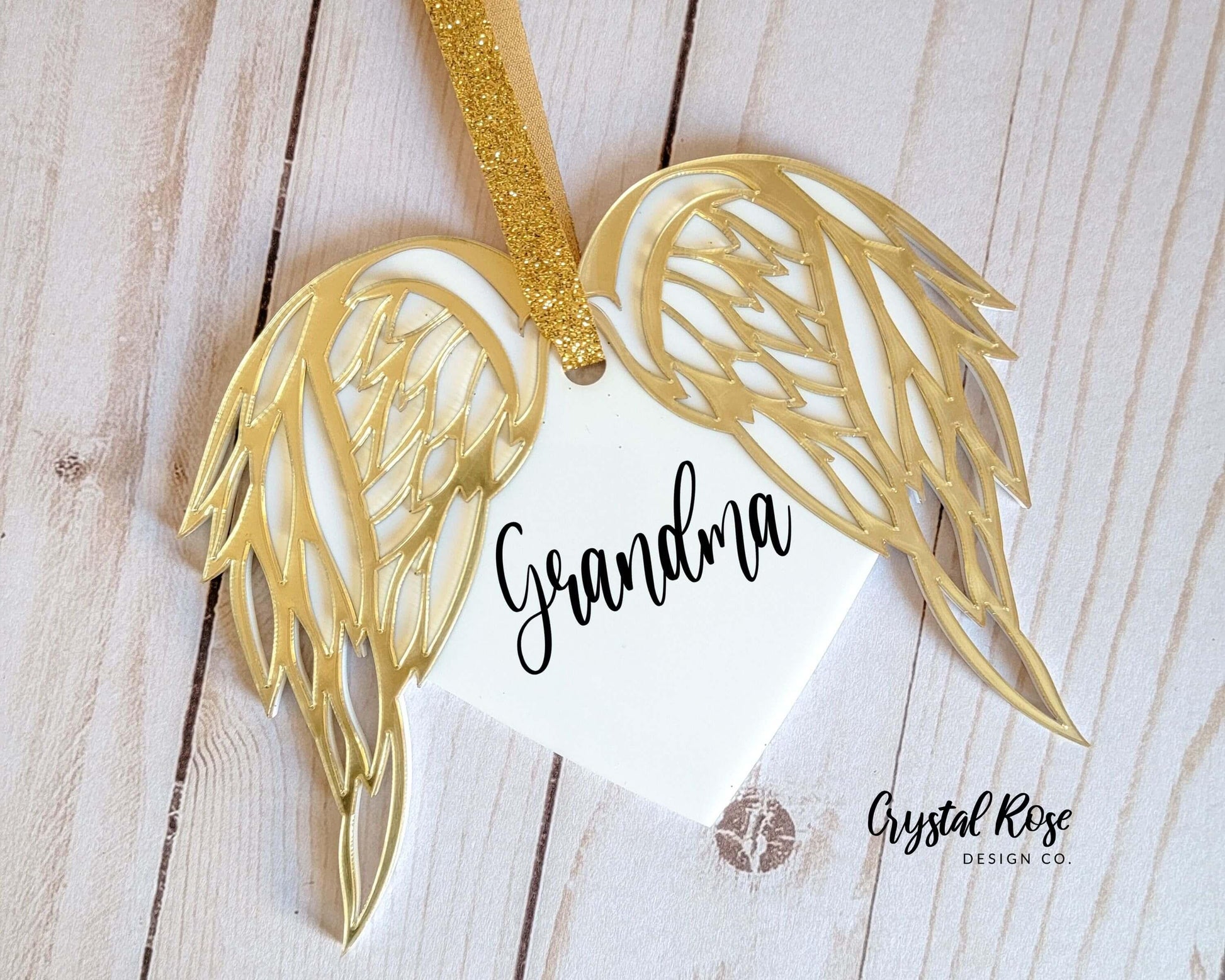 Personalized Angel Wings Heart Ornament Acrylic - Crystal Rose Design Co.