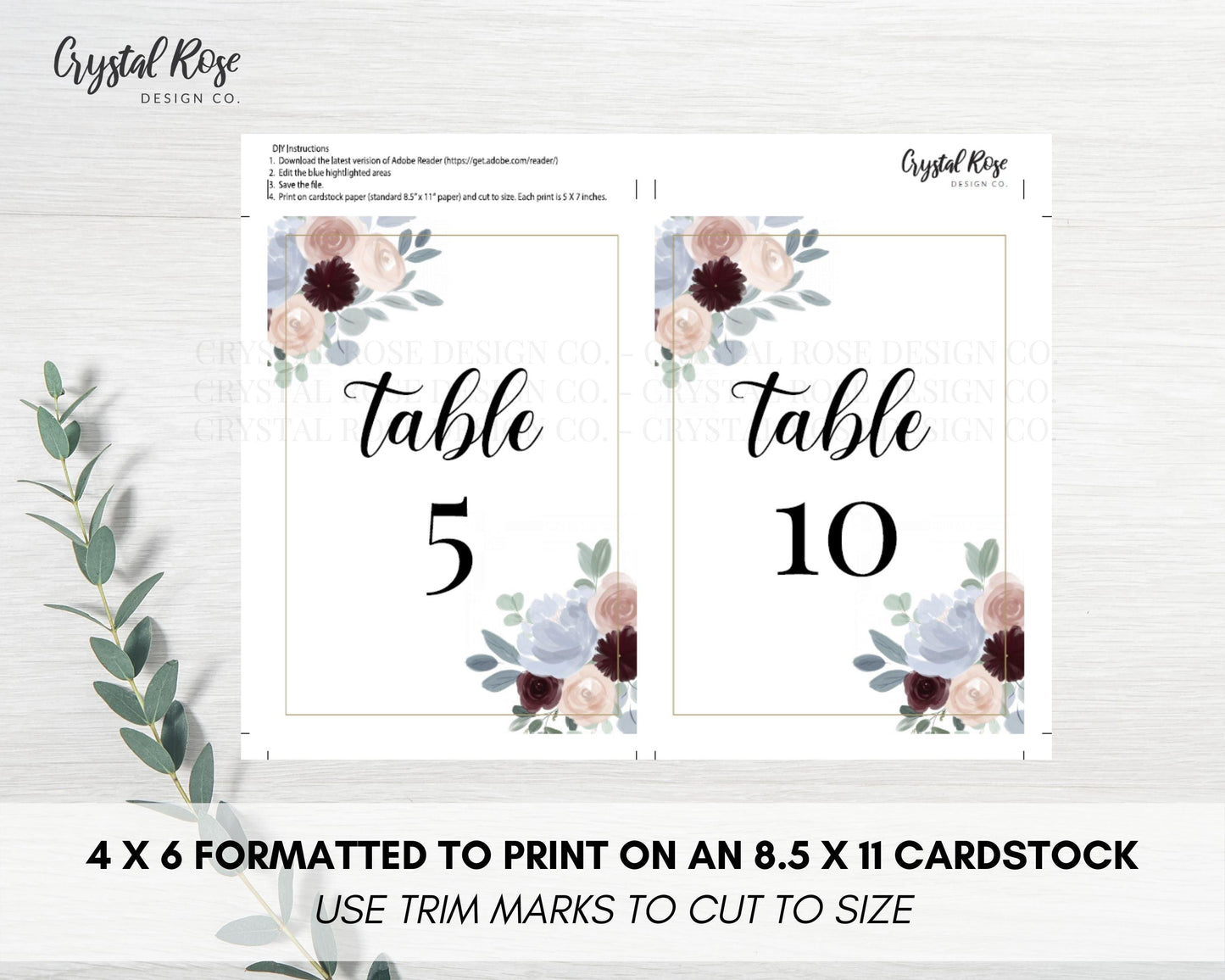 Dusty Blue and Burgundy Floral Table Numbers, DIY Printable Wedding Table Numbers, Wedding Printable