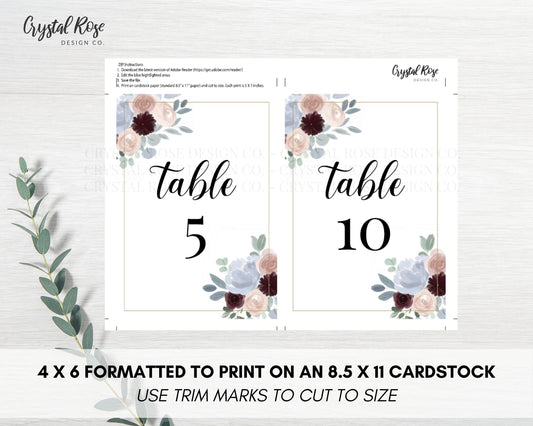 Dusty Blue and Burgundy Floral Table Numbers, DIY Printable Wedding Table Numbers, Wedding Printable - Crystal Rose Design Co.