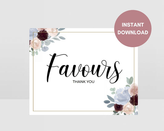 Printable Dusty Blue and Burgundy Wedding Favours Sign, Instant Download, Printable Wedding Favours Sign