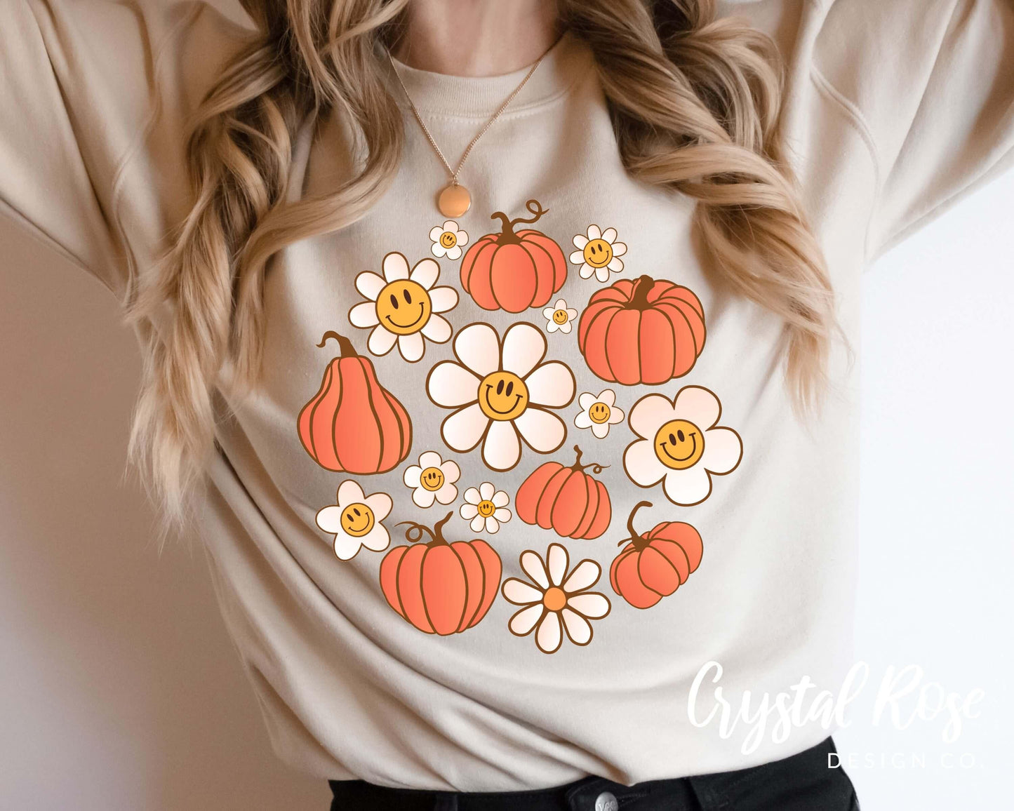 Retro Daisy Pumpkins Halloween Crewneck Sweatshirt
