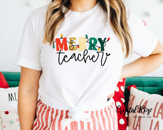 Retro Merry Teacher Christmas Shirt Short Sleeve Tee - Crystal Rose Design Co.