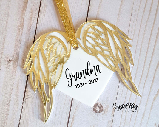 Personalized Angel Wings Heart Ornament Acrylic With Year - Crystal Rose Design Co.