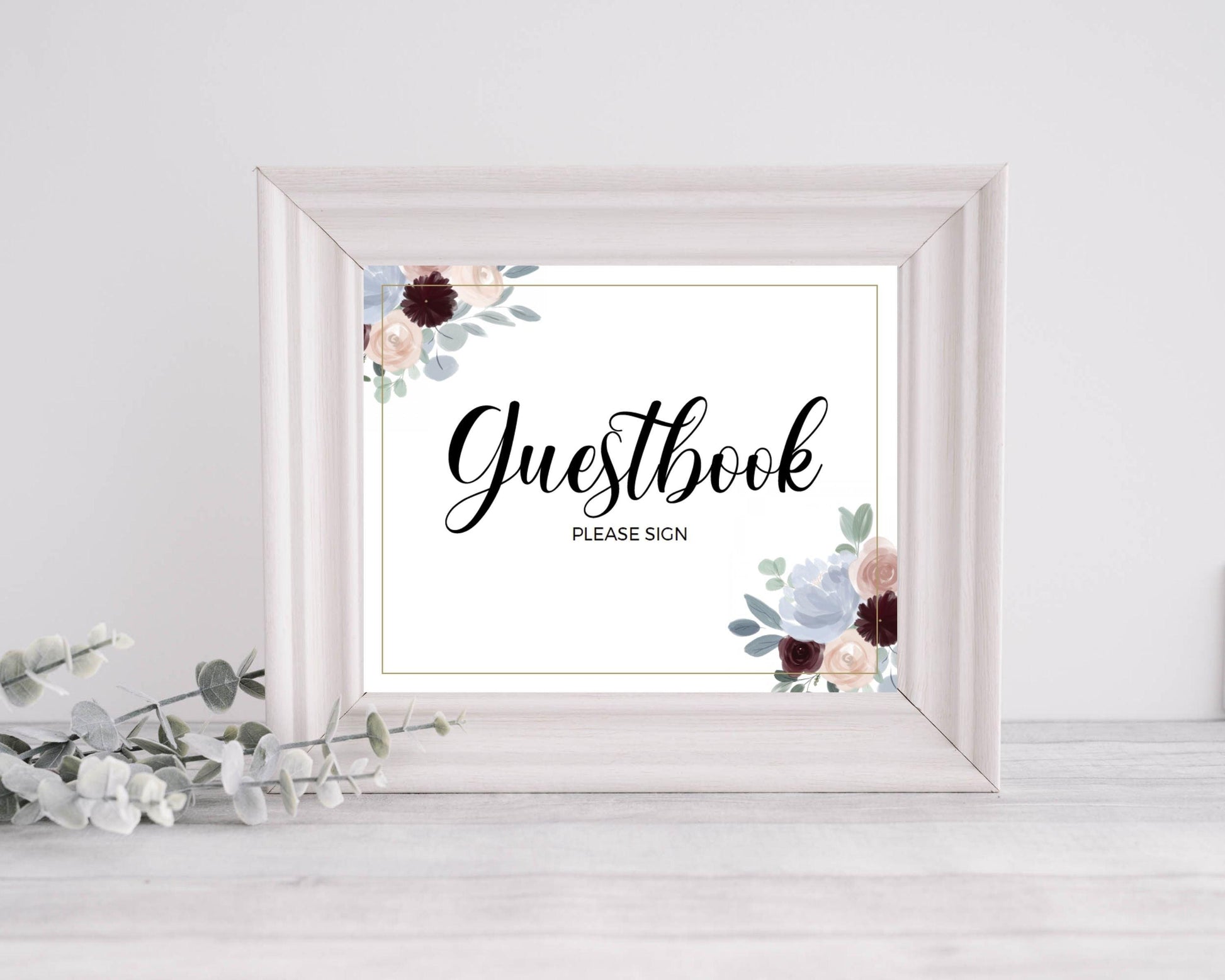 Printable Dusty Blue and Burgundy Floral Wedding Guestbook Sign, Instant Download, Printable Wedding Guestbook Sign - Crystal Rose Design Co.
