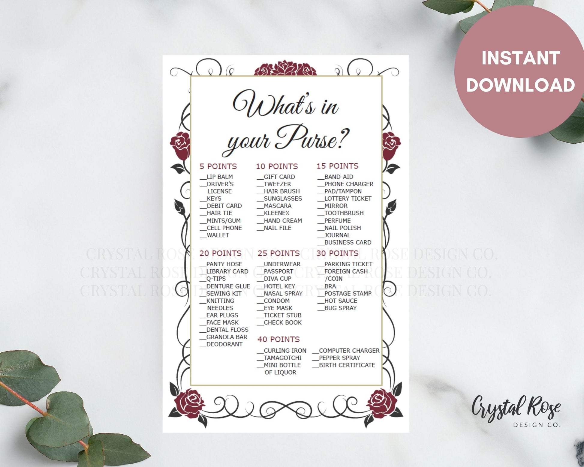 What's in your Purse? Bridal Shower Game - Crystal Rose Design Co.