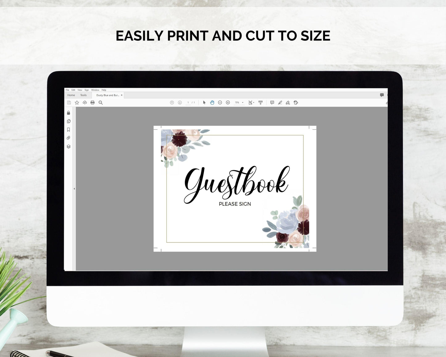 Printable Dusty Blue and Burgundy Floral Wedding Guestbook Sign, Instant Download, Printable Wedding Guestbook Sign