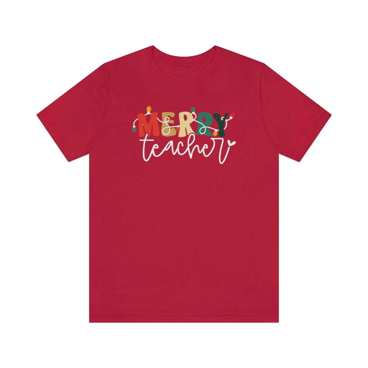 Retro Merry Teacher Christmas Shirt Short Sleeve Tee