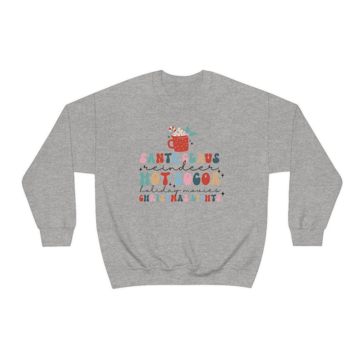 Santa Claus Reindeer Christmas Lights Hot Cocoa Christmas Crewneck Sweater - Crystal Rose Design Co.