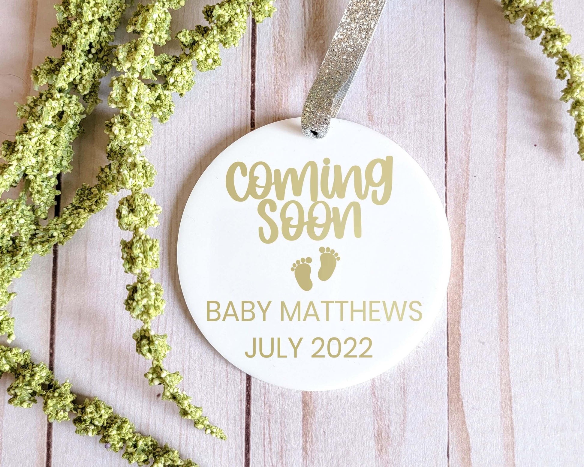 Personalized Coming Soon Baby Announcement White Acrylic Ornament - Crystal Rose Design Co.