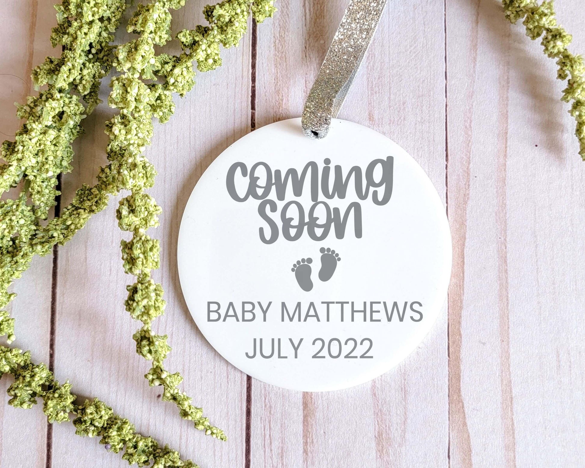 Personalized Coming Soon Baby Announcement White Acrylic Ornament - Crystal Rose Design Co.
