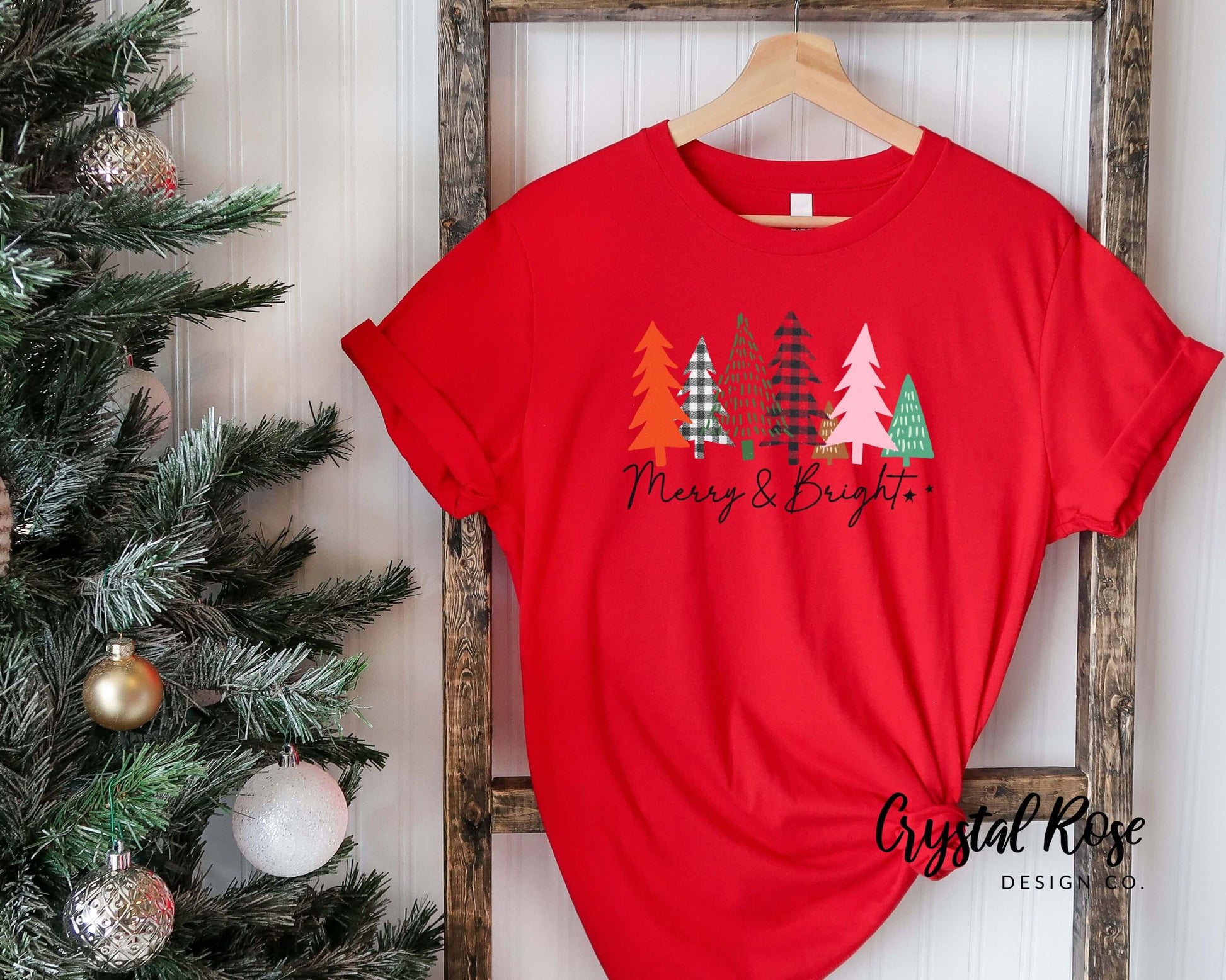 Merry and Bright Trees Christmas Shirt Short Sleeve Tee - Crystal Rose Design Co.
