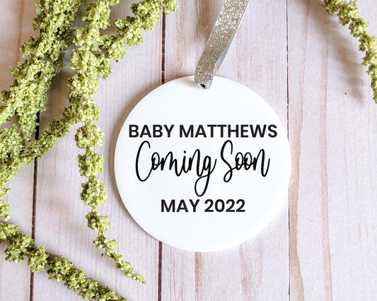 Modern Personalized Coming Soon Baby Announcement White Acrylic Ornament - Crystal Rose Design Co.